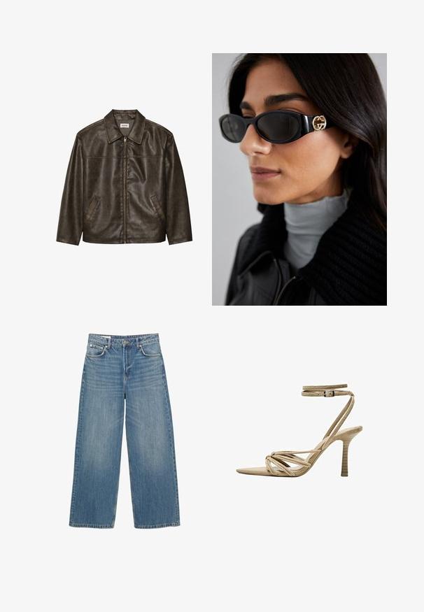 Brązowa skórzana kurtka z kołnierzem, zapinana na zamek, z dwiema bocznymi kieszeniami. Gładka tekstura z lekko postarzanym wykończeniem.; Biała bluzka z długim rękawem, wykonana z gładkiego materiału. Posiada okrągły dekolt, opadające ramiona oraz luźny krój z lekko zaokrąglonym dołem.; Jasnoniebieskie dżinsowe spodnie o szerokich nogawkach. Cechy obejmują pięć kieszeni, zapięcie na guzik oraz czyste wykończenie nogawek. Przeznaczone do noszenia, z przetarciami dla uzyskania tekstury.; Beżowe, zamszowe sandały na wysokim obcasie z ostrym noskiem, skręconymi paskami i regulowanym paskiem wokół kostki. Teksturowany obcas z pionowymi rowkami.; Czarne okulary przeciwsłoneczne o eleganckim, prostokątnym kształcie z logo w kolorze złotym na boku. Ciemne soczewki i błyszczące wykończenie są wyraźnie widoczne.; Zielona torba tote z ekoskóry z dwiema wydłużonymi uchwytami, prostokątny kształt, gładka struktura i widoczne szwy wzdłuż krawędzi.