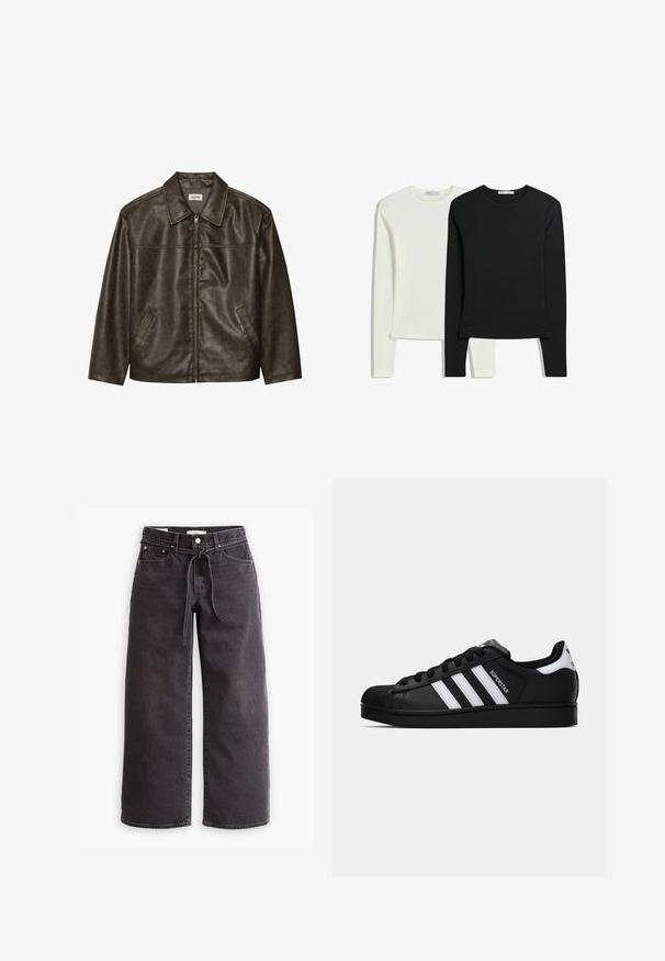 Smeđi kožni jakna s ovratnikom, zatvaranjem na patentni zatvarač i dva bočna džepa. Glatka tekstura s lagano istrošenim završetkom.; Dva majice dugih rukava: jedna bijela i jedna crna. Izrađene su od glatkog materijala, s okruglim izrezima i prilagođenim krojem s ravnim rubovima.; Crne široke traperice izrađene od denima, s elastičnim pojasom na vezanje, pet džepova i detaljima kontrastnog šivanja. Dizajn s ravnim prednjim dijelom.; Crne Adidas Superstar tenisice s bijelim prugama, konusom na vrhu i natpisom "Superstar" sa strane, prikazane u bočnom profilu na bijeloj pozadini.