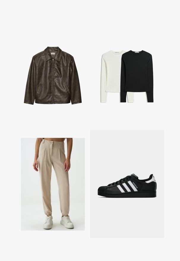 Braune Lederjacke mit Kragen, Reißverschluss und zwei Seitentaschen. Glatte Textur mit einem leicht abgenutzten Finish.; Zwei Langarmshirts: eines in Weiß und eines in Schwarz. Aus glattem Stoff gefertigt, mit Rundhalsausschnitten und figurbetonten Schnitten sowie geraden Säumen.; Beige Plissee-Hosen mit Knopfverschluss, elastischen Bündchen und glatter Textur, kombiniert mit weißen Sneakers auf einem schlichten Hintergrund.; Schwarzer Adidas Superstar Sneaker mit weißen Streifen, Schalenzehen und "Superstar"-Schriftzug an der Seite, im Seitenprofil auf weißem Hintergrund dargestellt.