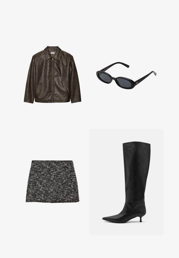 Hnedá kožená bunda s golierom, zipsom a dvoma bočnými vreckami. Hladká štruktúra s mierne opotrebovaným povrchom.; Biely rebrovaný tielko s čiernym výšivkovým logom umiestneným na hrudi. Výstrih a otvory na rukávy sú dokončené jemným lemovaním.; Čierno-biela tweedová minisukňa s rozstrapkaným okrajom. Štruktúrovaný tvar s textúrovaným povrchom, vhodná na rôzne neformálne outfity.; Čierne kožené čižmy po kolená s ostrou špičkou a nízkym podpätkom. Hladkátextúra a minimalistický dizajn bez viditeľného hardvéru alebo akcentov.; Čierne oversized slnečné okuliare s oválnymi šošovkami, hladkým plastovým rámom a zlatými akcentmi na straniciach. Tmavé šošovky poskytujú ochranu pred slnkom.
