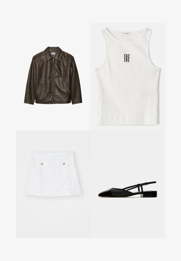 Barna bőrdzseki gallérral, cipzárral és két oldalsó zsebbel. Simaszerű textúra, enyhén kopott hatással.; Fehér bordázott ujjatlan póló, melyen a mellkas közepén egy fekete hímzett logó található. A nyakkivágás és az ujjak nyílásai finom szegéllyel vannak ellátva.; Maje Miniszoknya - blanc cassé; Fekete bőr slingback laposcipő, hegyes orral, zárt vamp-pal és állítható bokapánttal. Alacsony, négyzetes sarokkal rendelkezik. Sima textúra.