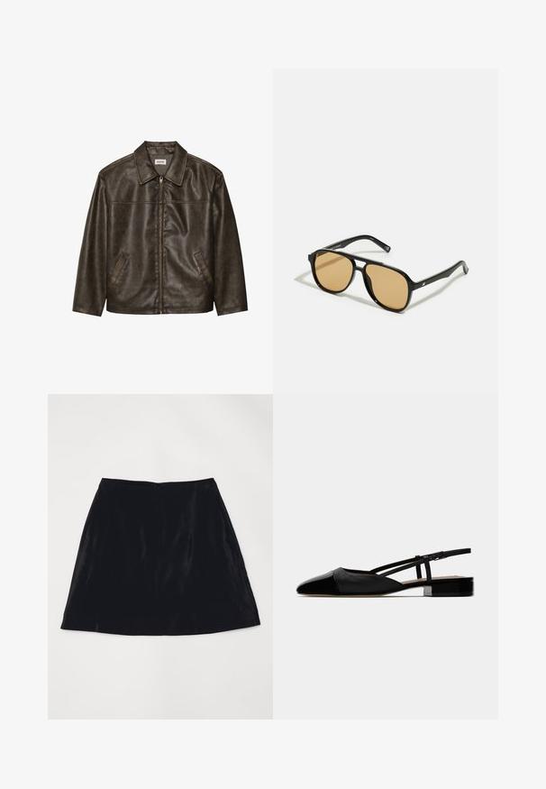 Chaqueta de cuero marrón con cuello, cierre de cremallera y dos bolsillos laterales. Textura suave con un acabado ligeramente desgastado.; Camiseta sin mangas de rayas blancas con un logotipo negro bordado centrado en el pecho. El escote y las sisas están terminados con un sutil ribete.; Falda negra en corte A de terciopelo, con una textura suave y un discreto cierre zip en la parte trasera. Diseño sencillo sin patrones o acentos visibles.; Bailarinas negras de cuero con tiras en el tobillo, con puntera afilada, vampiro cerrado y correa ajustable en el tobillo. Cuenta con un tacón cuadrado bajo. Textura suave.; Gafas de sol negras con lentes de color marrón; forma rectangular con un marco grueso, incluyendo sutiles acentos de hardware en las patillas.