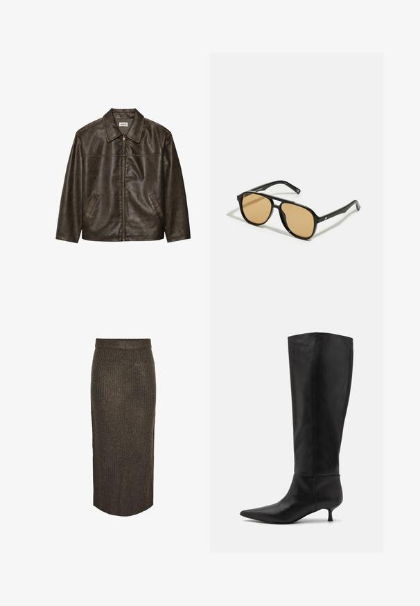 Brun lærjakke med krage, glidelås og to sidelommer. Slippende tekstur med en litt slitt finish.; Hvit ribbet tanktop med en svart brodert logo i sentrum av brystet. Uthulingen og ermhullene er avsluttet med en subtil binding.; Pieces Maxiskjørt - morel; Sorte skinnstøvler til knærne med spiss tå og kitten hæl. Glatt tekstur og minimalistisk design uten synlige detaljer eller aksenter.; Svarte solbriller med brune fargede linser; rektangulær form med tykk ramme, inkludert subtile hardware-detaljer på stengene.; Brun lærveske med to robuste håndtak, rektangulær form, jevn tekstur og glidelås. Minimalistisk design uten synlige mønstre.