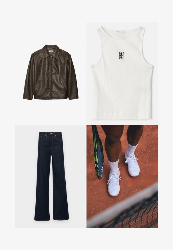 Brown leather jacket with a collar, zip closure, and two side pockets. Smooth texture with a slightly distressed finish.; White ribbed tank top featuring a black embroidered logo centered on the chest. The neckline and armholes are finished with a subtle binding.; Dark blue wide-leg denim jeans with front pockets, belt loops, and a button closure.; White tennis shoes with mesh panels and pink accents, paired with white socks, positioned on a clay court with a tennis racket nearby.