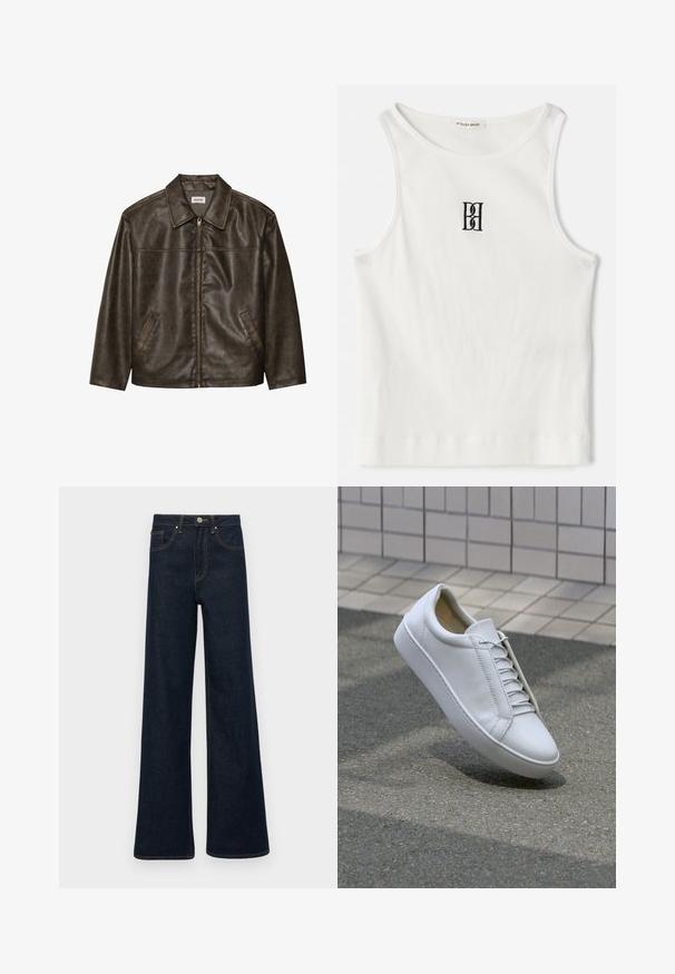 Bruine leren jas met een kraag, ritssluiting en twee zijzakken. Soepele textuur met een licht verouderde afwerking.; Witte geribde tanktop met een zwart geborduurd logo in het midden van de borst. De halslijn en armsgaten zijn afgewerkt met een subtiele bies.; Donkerblauwe wijde denim jeans met voorzakken, riemlussen en een knoopsluiting.; Witte lederen sneaker met een ronde neus, platte zool en zes paar veterogen. Glad textuur en minimalistisch ontwerp met stikseldetails.