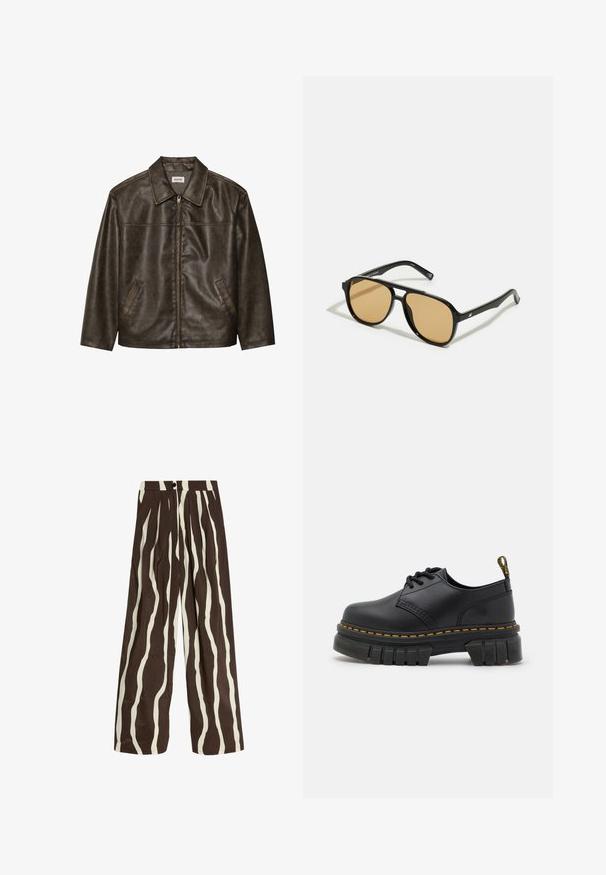 Hnědá kožená bunda s límcem, zipovým zapínáním a dvěma postranními kapsami. Hladký povrch s jemně opotřebovaným vzhledem.; Bílý žebrovaný top bez rukávů se černým vyšitým logem uprostřed hrudi. Výstřih a otvory na ruce jsou zakončeny jemným lemováním.; Kalhoty s vysokým pasem a širokými nohavicemi se svislými vlnitými bílými a tmavě hnědými pruhy, přední knoflík, zip a boční kapsy.; Černé kožené boty s tlustou, texturovanou podrážkou. Vlastnosti zahrnují žluté švy, zaoblenou špičku a poutko na patě.; Černé sluneční brýle s hnědými tónovanými čočkami; obdélníkový tvar s tlustým rámem, včetně jemných kovových akcentů na stranách.; Hnědá kožená kabelka s dvěma pevnými uchy, obdélníkový tvar, hladká textura a zipové zavírání. Minimalistický design bez viditelných vzorů.