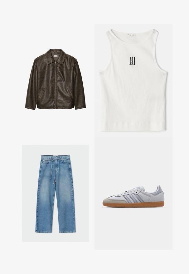 Veste en cuir marron avec un col, fermeture éclair et deux poches latérales. Texture lisse avec une finition légèrement vieillie.; Débardeur blanc à côtes avec un logo noir brodé centré sur la poitrine. L'encolure et les emmanchures sont finies avec un biais subtil.; Jean en denim bleu clair à jambes larges, taille haute, avec cordon de serrage, design à cinq poches et finition brut.; Baskets en cuir blanc avec des accents bleu clair, un bout en daim gris et une semelle en caoutchouc marron. Présente trois bandes bleues et le marquage "Samba".