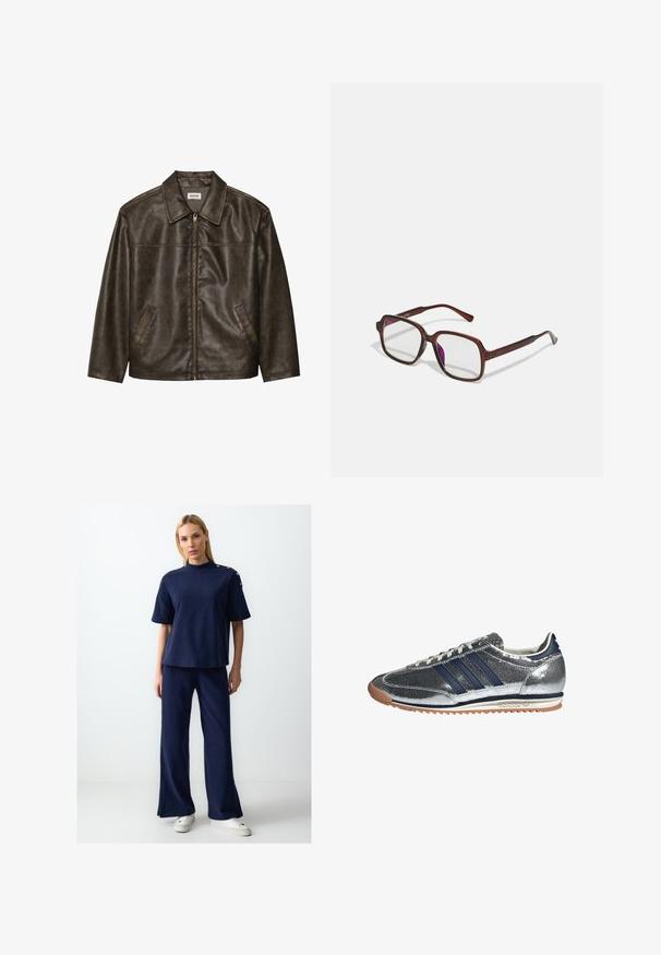 Bruine leren jas met een kraag, ritssluiting en twee zijzakken. Soepele textuur met een licht verouderde afwerking.; Witte geribde tanktop met een zwart geborduurd logo in het midden van de borst. De halslijn en armsgaten zijn afgewerkt met een subtiele bies.; Navyblauwe textuur korte mouw top en wijde broek set. Heeft knoopdetails op de schouder. Gecombineerd met witte platform sneakers.; Zilveren synthetische sneaker met marineblauwe strepen, ronde neus, witte voering en gumzool. Heeft een gestructureerde bovenkant en vetersluiting.; Bruine, rechthoekige bril met transparante glazen en paarse tinten. Glad kunststof montuur met rechte pootjes en subtiele accenten.; Zwarte leren schoudertas met een gladde textuur, een gebogen bovenkant en een enkele schouderband. Voorzien van een ritsluiting en een minimalistisch design.