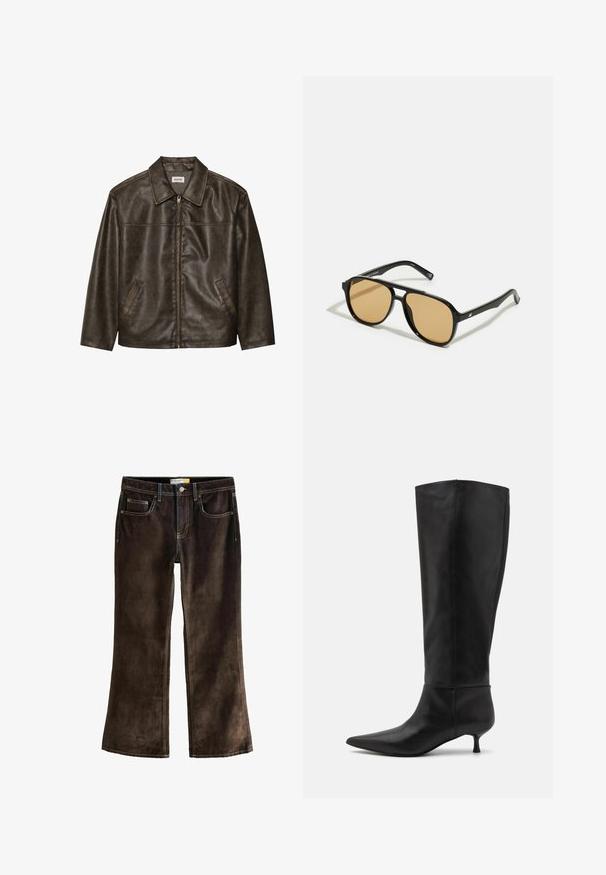 Chaqueta de cuero marrón con cuello, cierre de cremallera y dos bolsillos laterales. Textura suave con un acabado ligeramente desgastado.; Camiseta sin mangas de rayas blancas con un logotipo negro bordado centrado en el pecho. El escote y las sisas están terminados con un sutil ribete.; Jeans bootcut de algodón marrón con costuras amarillas contrastantes, cinco bolsillos y un cierre de botón en la cintura.; Botas de cuero negras hasta la rodilla con punta afilada y tacón tipo kitten. Textura suave y diseño minimalista sin herrajes ni acentos visibles.; Gafas de sol negras con lentes de color marrón; forma rectangular con un marco grueso, incluyendo sutiles acentos de hardware en las patillas.