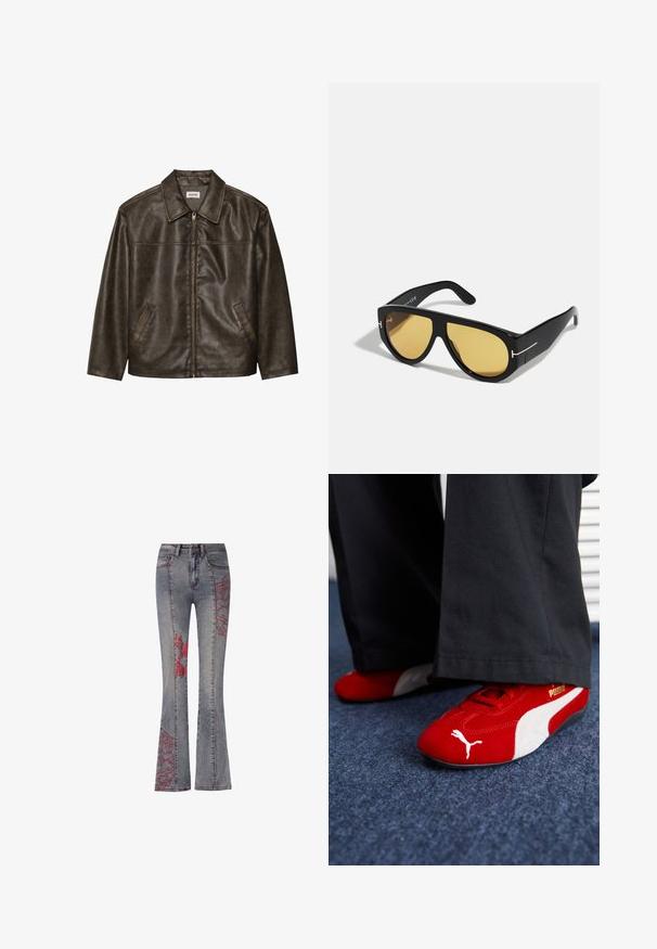 Ruskea nahkatakki, jossa on kaulus, vetoketjukiinnitys ja kaksi sivutaskua. Silkkinen pinta, jossa on hieman kulunut viimeistely.; Valkoinen ribattupinta tankkitoppi, jossa on musta brodeerattu logo keskitettynä rinnassa. Kaula-aukko ja kädentiet on viimeistelty hienolla reunanauhalla.; Leveät farkut haalistuneessa sinisessä denimmateriaalissa, joissa on punaisia brodeerattuja kukka- ja abstrakteja kuvioita ulkopuolella. Normaali viisi-taskuinen muotoilu ja vyölenkit.; Punaiset mokkapohjaiset lenkkarit valkoisilla yksityiskohdilla, joissa on tekstuurinen materiaali, pyöreä kärki ja kultainen logo sivussa, yhdistetty mustiin housuihin.; Mustat aurinkolasit, joissa on geometrinen kehys, keltaiset linssit ja kultaiset yksityiskohdat ohjaimissa. Liukas rakenne, leveä muoto, nykyaikainen muotoilu.; Maroon-värinen nahkalaukku, jossa on kaareva muoto, yksi olkahihna ja keskellä ommeltu yksityiskohta. Sileä pinta, minimaalinen varustelu.