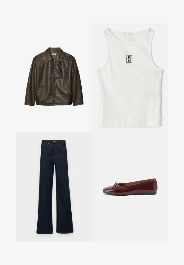 Jachetă din piele maro cu guler, închidere cu fermoar și două buzunare laterale. Textură netedă cu un finisaj ușor uzat.; Top din bumbac alb cu nervuri, având un logo brodat negru centrat pe piept. Decolteul și brațele sunt terminate cu o margine subtilă.; Jeans din denim de culoare albastru închis, cu picioare largi, buzunare frontale, bucle pentru curea și închidere cu nasture.; Balerini din piele patent burgund cu vârful rotund, accent de fundiță mică în față și talpă joasă din cauciuc negru. Textură netedă.