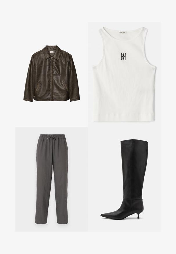 Hnedá kožená bunda s golierom, zipsom a dvoma bočnými vreckami. Hladká štruktúra s mierne opotrebovaným povrchom.; Biely rebrovaný tielko s čiernym výšivkovým logom umiestneným na hrudi. Výstrih a otvory na rukávy sú dokončené jemným lemovaním.; Šedé ľanové nohavice s elastickým pásom, detailom na šnurovanie, rovný strih a mäkká, textúrovaná tkanina.; Čierne kožené čižmy po kolená s ostrou špičkou a nízkym podpätkom. Hladkátextúra a minimalistický dizajn bez viditeľného hardvéru alebo akcentov.