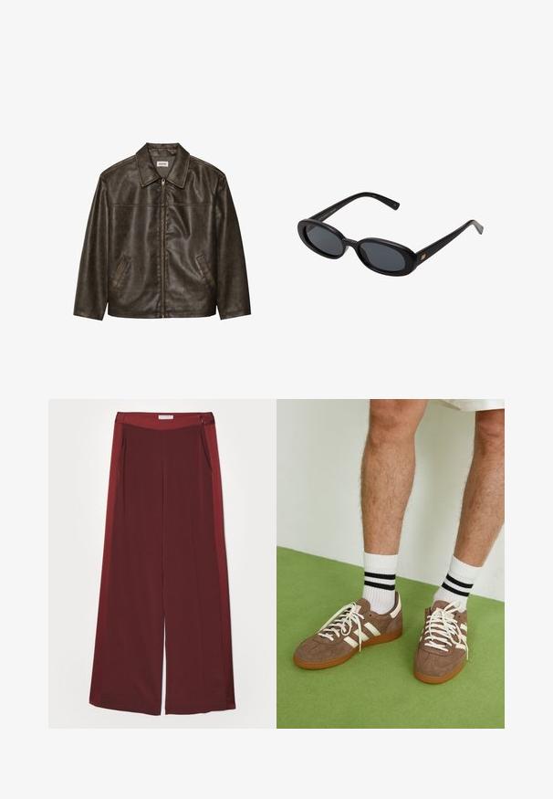 Barna bőrdzseki gallérral, cipzárral és két oldalsó zsebbel. Simaszerű textúra, enyhén kopott hatással.; Fehér bordázott ujjatlan póló, melyen a mellkas közepén egy fekete hímzett logó található. A nyakkivágás és az ujjak nyílásai finom szegéllyel vannak ellátva.; Burgundi széles lábú nadrág, sima, puha textúrával, lapos derékkal és oldalsó zsebekkel. Minimalista dizájn, látható fémalkatrészek nélkül.; Barna velúr sportcipő fehér díszítéssel és fűzővel. Gumi talp. Fehér zoknival viselve, fekete csíkokkal. Zöld, textúrázott padló.; Fekete, oversize napszemüveg ovális lencsékkel, sima műanyag kerettel és arany részletekkel a fülpánton. Sötét lencséi védelmet nyújtanak a napfény ellen.