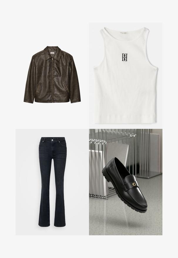 Brun læderjakke med krave, lynlås lukning og to sidelommer. Glat tekstur med en let slidt finish.; Hvid ribbet tanktop med et sort broderet logo centreret på brystet. Udhulningen og ærmegabene er afsluttet med en subtil kant.; Sorte flagrende jeans lavet af denim, med høj talje, fem lomme-design og metallukning. Glat tekstur, minimal falming.; Sorte læder loafers med en hævet søm, guld accentlogo og tekstureret rem. Har en tykk, holdbar gummisål.