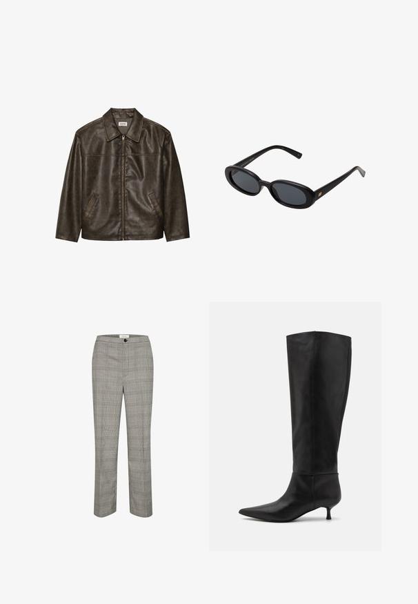 Ruskea nahkatakki, jossa on kaulus, vetoketjukiinnitys ja kaksi sivutaskua. Silkkinen pinta, jossa on hieman kulunut viimeistely.; Valkoinen ribattupinta tankkitoppi, jossa on musta brodeerattu logo keskitettynä rinnassa. Kaula-aukko ja kädentiet on viimeistelty hienolla reunanauhalla.; Harmaat ruudulliset housut, joissa on tasainen etuosa, nappikiinnitys ja suorat lahkeet. Kankaan pinta on sileä ja siinä on klassinen ruutukuosi.; Mustat nahkasaappaat, jotka ulottuvat polven ylle, teräväkärkiset ja kitten heel -korkoiset. Liukas pinta ja minimalistinen muotoilu ilman näkyviä varusteita tai koristeita.; Mustat ylisuuruiset aurinkolasit, jotka ovat soikeat linssit, sileä muovikehys ja kultaiset korostukset temppeleissä. Tummat linssit tarjoavat suojaa auringolta.; Ruskea nahkalaukku, jossa on kaksi tukevasti kantavaa kahvaa, suorakaiteen muotoinen, sileä pinta ja vetoketjukiinnitys. Minimalistinen muotoilu ilman näkyviä kuvioita.