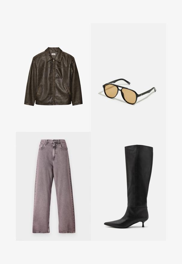 Ruda odinė striukė su apykakle, užtrauktuku ir dviem šoninėmis kišenėmis. Lygus paviršius su šiek tiek nusidėvėjusiu apdaila.; Baltas visiškai susipynęs polos marškinėliai su juodu siuvinėtu logotipu, uždedamu centre ant krūtinės. Kaklo iškirptė ir rankovių angos baigtos subtiliu apvadu.; Aukštai juosmens, plačiakojai džinsai iš šviesiai purpuros džinsinės medžiagos, turintys mygtukų užsegimą, penkias kišenes ir subtilų nusidėvėjimą siūlėse.; Aukščio iki kelių juodi odiniai batai su smailiu nose ir mažais kulniukais. Lygus paviršius ir minimalistinis dizainas be matomų priedų ar akcentų.; Juodi saulės akiniai su rudais lęšiais; stačiakampio formos, su storu rėmu, įskaitant subtilias detales ant šventyklų.