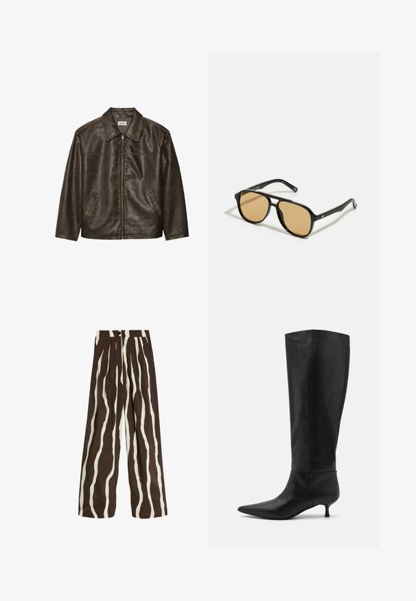 Chaqueta de cuero marrón con cuello, cierre de cremallera y dos bolsillos laterales. Textura suave con un acabado ligeramente desgastado.; Camiseta sin mangas de rayas blancas con un logotipo negro bordado centrado en el pecho. El escote y las sisas están terminados con un sutil ribete.; Pantalones de pierna ancha de talle alto con rayas verticales onduladas en blanco y marrón oscuro, con botón frontal, cremallera y bolsillos laterales.; Botas de cuero negras hasta la rodilla con punta afilada y tacón tipo kitten. Textura suave y diseño minimalista sin herrajes ni acentos visibles.; Gafas de sol negras con lentes de color marrón; forma rectangular con un marco grueso, incluyendo sutiles acentos de hardware en las patillas.; Bolso de mano de cuero marrón con dos asas robustas, forma rectangular, textura suave y cierre de cremallera. Diseño minimalista sin patrones visibles.