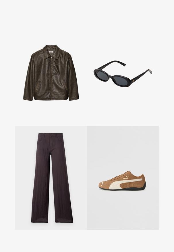 Brown leather jacket with a collar, zip closure, and two side pockets. Smooth texture with a slightly distressed finish.; White ribbed tank top featuring a black embroidered logo centered on the chest. The neckline and armholes are finished with a subtle binding.; Dark grey wide-leg trousers made from lightweight, textured fabric with a smooth finish, featuring front pockets and a classic waistband.; Brown suede low-top sneaker with cream accents, textured surface, black rubber sole, and embroidered logo on the side and tongue.; Black oversized sunglasses with oval lenses, smooth plastic frame, and gold accents on temple. Dark lenses provide sun protection.