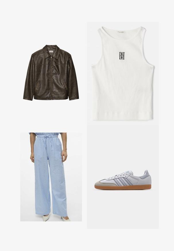 Pruun nahkjakker, millel on krae, lukuga kinnitamine ja kaks küljetaskut. Sile tekstuur, millel on kergelt kulunud välimus.; Valge ribaga tank top, millel on must tikandiga logo, mis on keskendatud rinnale. Kaelus ja käeaukude servad on kaunistatud diskreetse ääristusega.; Heledad laiad püksid helesinise ja valge triibuga, paelaga vöökohal ja pehme kangatekstuuriga. Omavad lõdva istuvust ja mugavat disaini.; Valged nahast tossud helesiniste detailidega, hallist suede'ist varvas ja pruun kummitald. Omab kolme sinist triipu ja "Samba" brändimist.