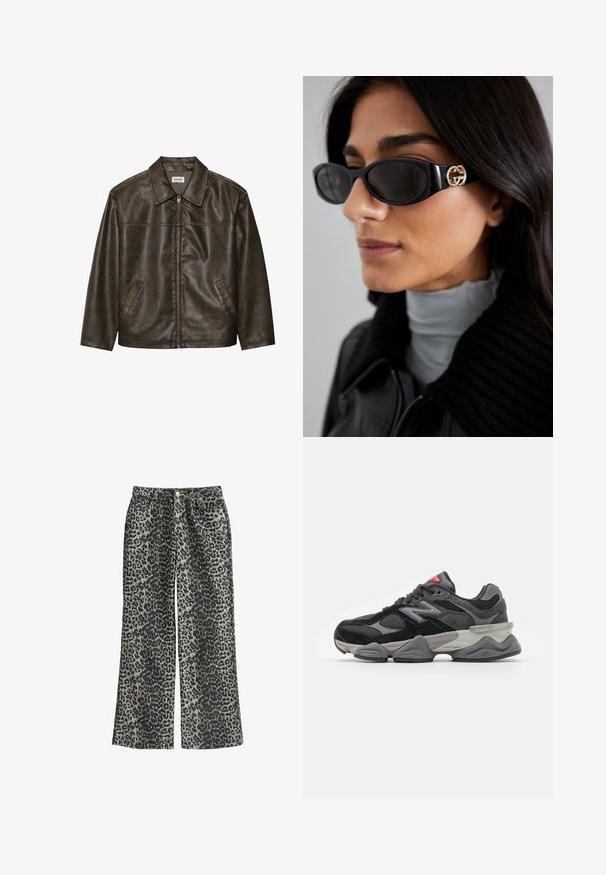 Brun läderjacka med krage, dragkedja och två sidofickor. Slät textur med en något sliten finish.; Grön bomull t-shirt med korta raglanärmar, med gul tryck som säger "BRASIL 92" och ett märke på vänster bröst.; Leopardmönstrade vida byxor i ett mjukt material, med hög midja, fem fickor och metallknäppning.; Svarta och grå sneakers med en kombination av mocka och mesh-material, tjock sula, framträdande logotyp och röd accent på tungan.; Svarta solglasögon med en elegant rektangulär ram och en guldfärgad logotypaccent på sidan. Mörka linser och en blank yta är framträdande.; Vit läder crossbody-väska med ett guldspänne, med en strukturerad design, kontrasterande kanter och ett tunt justerbart band.