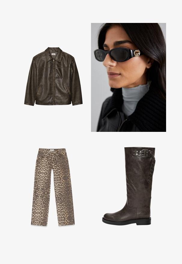 Bruine leren jas met een kraag, ritssluiting en twee zijzakken. Soepele textuur met een licht verouderde afwerking.; Groene katoen T-shirt met korte raglanmouwen, met een gele opdruk die "BRASIL 92" leest en een wapen op de linkerkant van de borst.; Denim jeans met luipaardprint, gekenmerkt door een neutraal beige en bruin kleurpalet, rechte pijpen en traditionele zakdetails.; Bruine leren laars tot de knie met een gestructureerde afwerking, voorzien van een gespsluiting en drukknoopaccenten aan de zijkant, en een vlakke rubberen zool.; Zwarte zonnebril met een stijlvolle rechthoekige montuur en een gouden logo-accent aan de zijkant. Donkere lenzen en een glanzende afwerking zijn opvallend.; Witte leren schoudertas met een gouden sluiting, met een gestructureerd ontwerp, contrasterende randen en een dunne verstelbare schouderband.