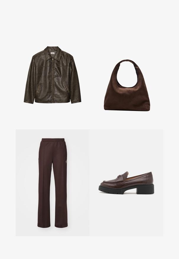 Smeđi kožni jakna s ovratnikom, zatvaranjem na patentni zatvarač i dva bočna džepa. Glatka tekstura s lagano istrošenim završetkom.; Bijela pamučna majica s kratkim rukavima i okruglim izrezom. Ima ružičastu oznaku na unutarnjoj strani ovratnika. Glatka tekstura.; Smeđe atletske hlače s elastičnim pojasom, dva bočna džepa i malim logotipom na lijevoj strani, napravljene od mekanog materijala.; Smeđi kožni loafer s okruglim vrhom, šavnim detaljima i debelom crnom gumiranom potplatom. Glatka tekstura i minimalni dodaci.; Meka mekana smeđa torba hobo stila s jednim širokim remenom i zakrivljenim otvaranjem na vrhu, prikazana na bijeloj pozadini.