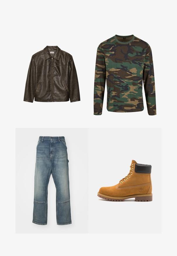 Chaqueta de cuero marrón con cuello, cierre de cremallera y dos bolsillos laterales. Textura suave con un acabado ligeramente desgastado.; Camiseta de manga larga de camuflaje en tonos tierra; presenta patrones en verde, marrón y negro; cuello redondo; tela suave; corte relajado.; Vaqueros de mezclilla de color azul claro con un corte relajado. Presentan piernas anchas, grandes bolsillos frontales y detalles de costura en contraste.; Botín de ante marrón claro con collar acolchado negro, ojales de metal dorado, detalles de costura blanca y suela de goma resistente con tacos pronunciados.
