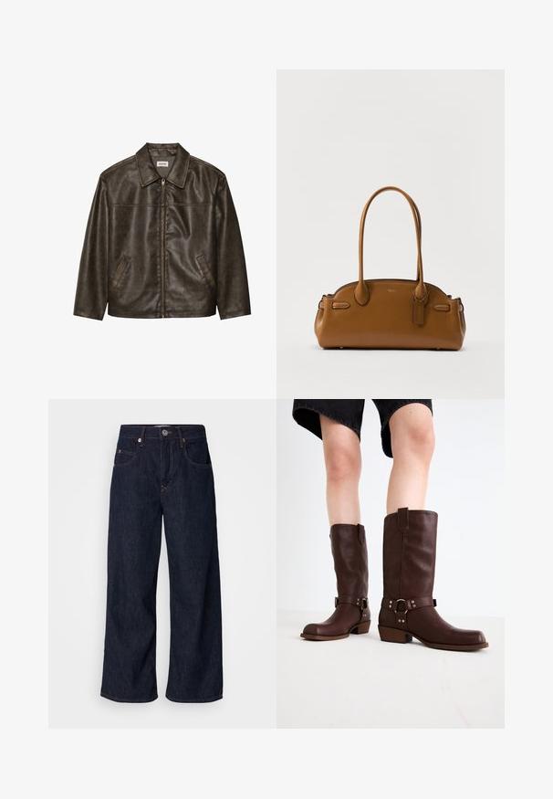 Brūna ādas jakas ar apkakli, ar rāvējslēdzēja aizdari un divām sānu kabatām. Gluda tekstūra ar viegli nodilušu finišu.; Melna īsām piedurknēm t-krekls, izgatavots no gludas kokvilnas materiāla, ar apaļu kakla izgriezumu un pieguļošu formu. Nav redzamu rakstu vai akcentu.; Platas kāju džinsi tumši zilā krāsā ar augstu vidukli, divām priekšējām kabatām, pogu aizdari un kontrastējošu šuvju dizainu.; Brūni ādas līdz ceļiem zābaki ar noapaļotu purngalu, teksturētu virsmu, potītes siksnu un sudraba detaļām; zābaku papēdis ar slāņiem.; Brūns ādas rokassomi ar gludu tekstūru, noapaļotu formu, divām rokturiem un dekoratīvu piekariņu. Iezīmes: smalki šuves un vienkārša dizaina.