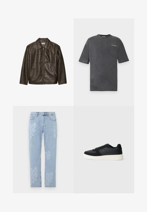 Rjav usnjeni jopič s ovratnikom, zadrgo in dvema stranskima žepoma. Gladka tekstura z rahlo obrabljenim videzom.; Črna kratka majica s kratkimi rokavi iz mehkega materiala, z okroglim izrezom in napisom "// NI ŽAL" v beli barvi na levem prsnem predelu.; Svijetloplave traperice s cvjetnim uzorcima i ravnim nogavicama. Standardni pojas s kopčanjem na gumb i pet džepova.; Črne nizke teniske z teksturiranim usnjem in paneli iz semiša, bela gumijasta podloga in črne vezalke na enobarvni svetli podlagi.