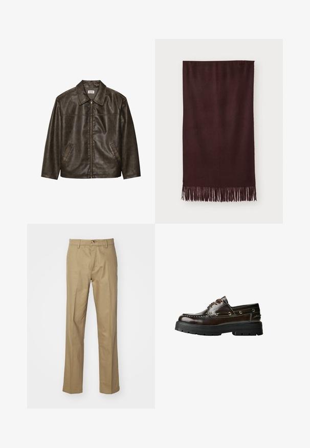 Hnědá kožená bunda s límcem, zipovým zapínáním a dvěma postranními kapsami. Hladký povrch s jemně opotřebovaným vzhledem.; Černé bavlněné tričko s kulatým výstřihem, krátkými rukávy a rovnými lemy. Hladká textura; jednoduchý, zdobený design.; Béžové kalhoty z hladkého materiálu. Rovný střih s zapínáním na knoflík. Obsahují poutka na opasek a klasický střih pro univerzální nošení.; Hnědé kožené lodní boty s gumovou podrážkou, včetně švových detailů, kovových ok a tkaničkového designu. Robustní, lehká konstrukce.; Bordový šál vyrobený z měkké tkaniny, s hladkou texturou a dlouhými třásněmi na okraji pro zvýšení detailu. Obdélníkový tvar, splývá rovně.