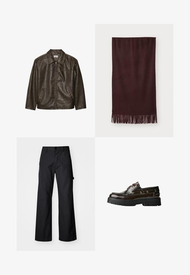 Brązowa skórzana kurtka z kołnierzem, zapinana na zamek, z dwiema bocznymi kieszeniami. Gładka tekstura z lekko postarzanym wykończeniem.; Czarna bawełniana koszulka z okrągłym dekoltem, krótkimi rękawami i prostym dołem. Gładka faktura; prosty, nieozdobiony design.; Czarne, szerokie spodnie wykonane z wytrzymałego materiału. Posiadają zapięcie na guzik i boczne kieszenie. Gładka tekstura z minimalistycznym designem.; Brązowe skórzane buty żeglarskie z gumową podeszwą, z detalami w postaci przeszyć, metalowymi oczkami oraz sznurowanym designem. Masywna, lekka konstrukcja.; Bordowy szalik wykonany z miękkiego materiału, o gładkiej teksturze i długich frędzlach na dole dla dodatkowego akcentu. Prostokątny kształt, układa się płasko.