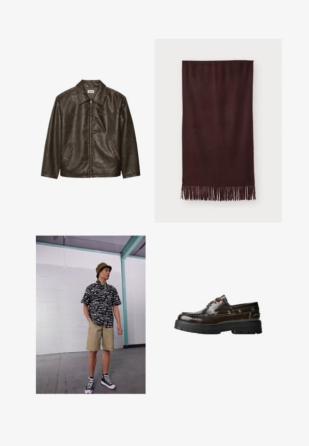 Barna bőrdzseki gallérral, cipzárral és két oldalsó zsebbel. Simaszerű textúra, enyhén kopott hatással.; Fekete pamut póló kerek nyakkivágással, rövid ujjakkal és egyenes aljjal. Simaság jellemzi; egyszerű, díszítetlen dizájn.; Fekete-fehér, logóval díszített, rövid ujjú póló, khaki rövidnadrág és fekete magassarkú sportcipő. Bézs vödörkalap és zsinórok láthatók.; Barna bőr csónakcipő, gumitalppal, varrási részletekkel, fém fűzőlyukakkal és fűzős kialakítással. Masszív, könnyű szerkezet.; Bordó sál, puha anyagból készült, sima textúrával és hosszú rojtokkal az alján, amelyek extra részletet adnak hozzá. Téglalap alakú, laposan omlik.