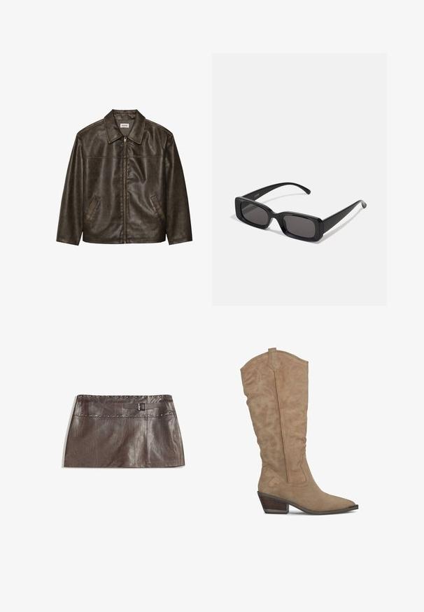 Brązowa skórzana kurtka z kołnierzem, zapinana na zamek, z dwiema bocznymi kieszeniami. Gładka tekstura z lekko postarzanym wykończeniem.; Biała koszulka z krótkim rękawem, wykonana z bawełny. Posiada okrągły dekolt i luźny krój. Gładka faktura bez widocznych wzorów czy akcentów.; Brązowa skórzana mini spódnica z przeszywaną talią i pętelką na pasek z klamrą, gładką fakturą oraz prostym, eleganckim krojem.; Tanowe zamszowe kowbojki z wąskim noskiem, haftowanymi spiralnymi wzorami i średniej wysokości blokowym obcasem. Wysoka cholewka z pętlą do zakupu na górze.; Czarne prostokątne okulary przeciwsłoneczne z ciemnymi szkłami, błyszczącym wykończeniem, szerokimi zausznikami i masywną konstrukcją. Wygrawerowana nazwa marki na jednym z zauszników.; Brązowa skórzana torebka z okrągłym uchwytem, subtelną fakturą i złotymi detalami; zawiera odpinany pasek na ramię oraz metkę.