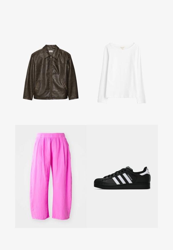 Hnedá kožená bunda s golierom, zipsom a dvoma bočnými vreckami. Hladká štruktúra s mierne opotrebovaným povrchom.; Seasalt Cornwall Top s dlhým rukávom - white salt; Ružové nohavice s širokými nohavicami vyrobené z textúrovanej tkaniny, vybavené elastickým pásom a bočnými švami pre uvoľnený strih.; Čierne tenisky Adidas Superstar s bielymi pruhmi, špičkou v tvare mušle a textom "Superstar" na boku, zobrazené v bočnom profilu na bielom pozadí.