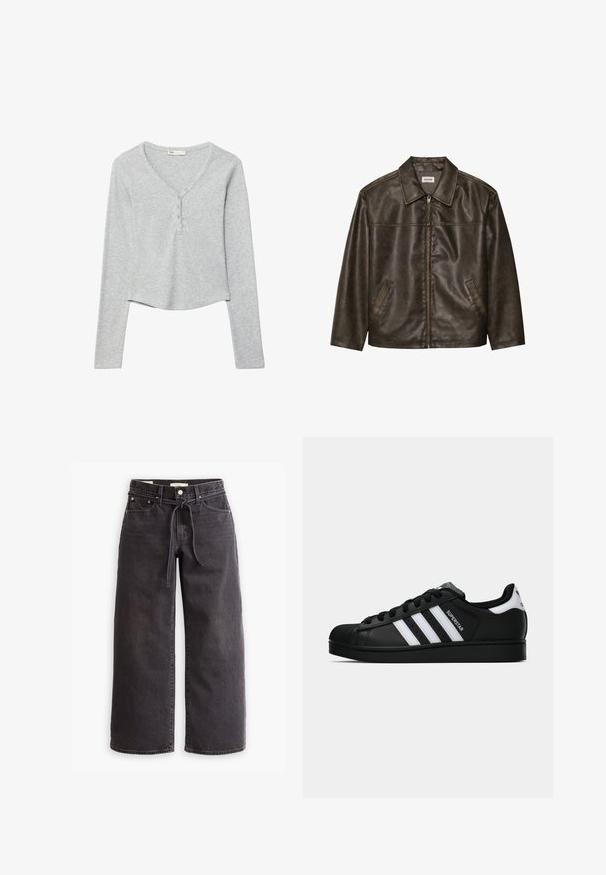 Brun läderjacka med krage, dragkedja och två sidofickor. Slät textur med en något sliten finish.; Grå långärmad topp med V-ringning, med en knappslå och en något kortad fåll. Tillverkad av mjukt, stretchigt tyg.; Svarta vida jeans gjorda av denim, med dragsko i midjan, fem fickor och kontrasterande sömnadsdetaljer. Platt framsidan design.; Svart Adidas Superstar sneaker med vita ränder, sula i skalform och "Superstar" text på sidan, visad i sidoprofil mot vit bakgrund.