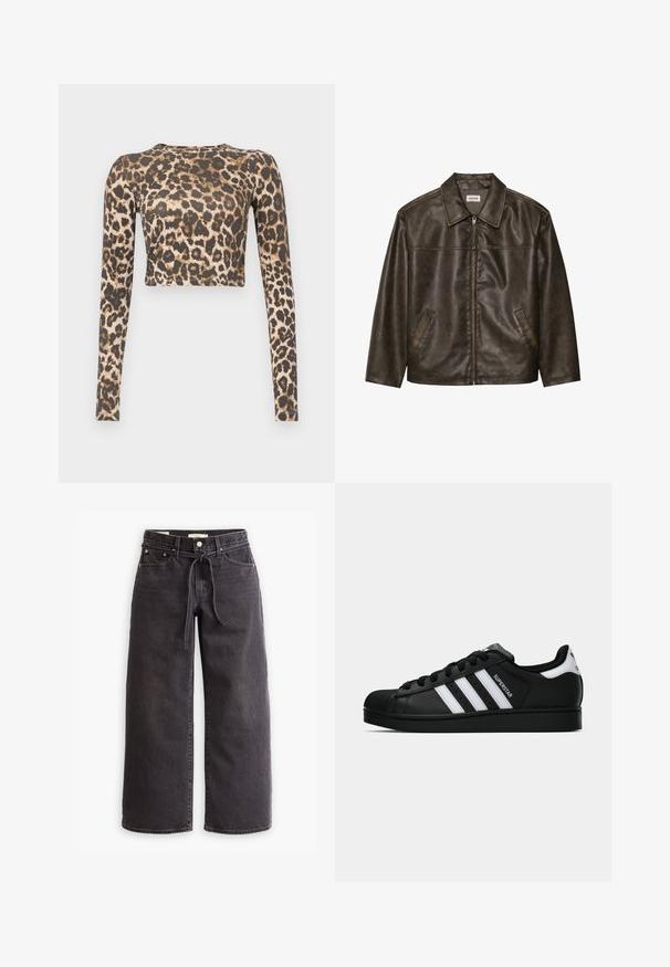 Barna bőrdzseki gallérral, cipzárral és két oldalsó zsebbel. Simaszerű textúra, enyhén kopott hatással.; Hosszú ujjú, cropped tetejű felső leopárdmintával, sötétbarna és bézs színkombinációval, sima textúrával és formához simuló fazonnal.; Fekete, bőszárú farmernadrág, állítható derékkal, öt zsebbel és kontrasztos varrási részletekkel. Lapos elülső dizájn.; Fekete Adidas Superstar sportcipő fehér csíkokkal, kagyló orral és "Superstar" felirattal az oldalán, oldalról bemutatva, fehér háttér előtt.