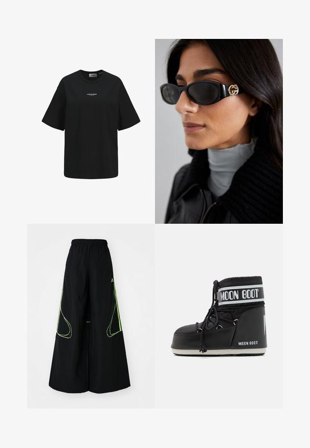 Brūna ādas jakas ar apkakli, ar rāvējslēdzēja aizdari un divām sānu kabatām. Gluda tekstūra ar viegli nodilušu finišu.; Melna kokvilnas T-kreklā ar brīvu piegriezumu, apaļu kakla izgriezumu, īsām piedurknēm un baltu "JJXX STUDIO" logotipu uz krūtīm.; adidas Originals TEAMGEIST ADICOLOR OVERSIZED - Treniņtērpa apakšdaļas - black/signal green; Melna Mēness zābaku ar mīkstu augšdaļu, kas nostiprināta ar auklām un izceļas ar izteiksmīgu balto joslu ar logotipu. Resna, strukturēta gumijas zole.; Melni saulesbrilles ar gludu taisnstūra formu un zelta logo akcentu uz sāna. Tumši objektīvi un spīdīga apdare ir izceltas.