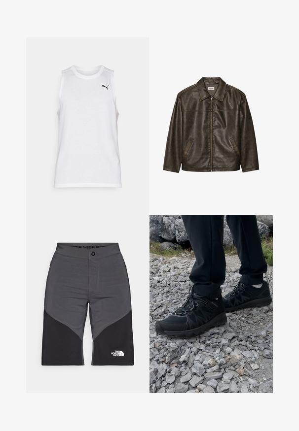 Rjav usnjeni jopič s ovratnikom, zadrgo in dvema stranskima žepoma. Gladka tekstura z rahlo obrabljenim videzom.; Bela brezrokavna srajca iz lahkega materiala, z okroglim ovratnikom in majhnim črnim logotipom na levem prsnem predelu.; Sive in črne kratke hlače s panelnim dizajnom, sprednjim gumbom in logotipom The North Face. Narejene so iz lahkotnega in trpežnega materiala.; Črne zunanje čevlje iz mrežastega in sintetičnega materiala, s teksturiranim zgornjim delom, zavarovanim sistemom vezalk in trdim podplatom, na skalnatem terenu.