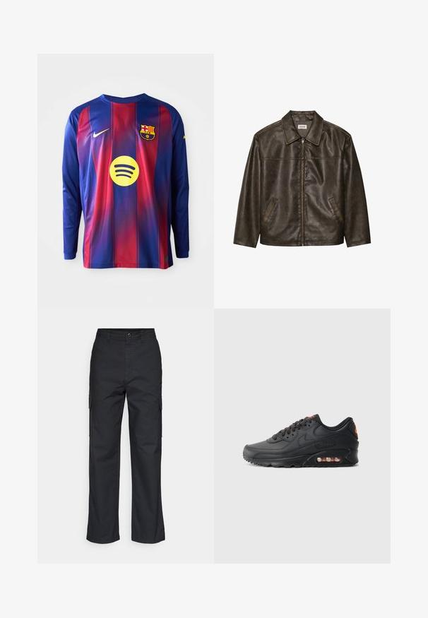 Jachetă din piele maro cu guler, închidere cu fermoar și două buzunare laterale. Textură netedă cu un finisaj ușor uzat.; Tricou de fotbal cu mâneci lungi, prezentând dungi verticale albastre și roșii, logo-ul Nike, blazonul Barcelonei și un logo circular Spotify în centru.; Pantaloni cargo negri cu un design drept, dotati cu buzunare laterale si un material texturat. Inchidere cu buton la talie pentru o potrivire sigura.; Adidași Nike Air Max 90 cu un șef sintetic negru, finisaj texturat, sistem de închidere cu șireturi, unitate de aer vizibilă și logo accent portocalie.