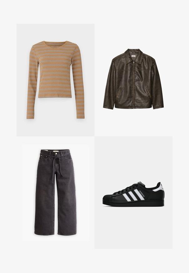 Brun læderjakke med krave, lynlås lukning og to sidelommer. Glat tekstur med en let slidt finish.; Brun langærmet top med vandrette hvide og mørkebrune striber, ribbet tekstur og rund halsudskæring, med et cropped design.; Sorte vide ben jeans lavet af denim, med snørre i taljen, fem lommer og detaljer med kontrastsyninger. Flad frontdesign.; Sort Adidas Superstar sneaker med hvide striber, skaletå og "Superstar"-tekst på siden, vist i sideprofil på hvid baggrund.