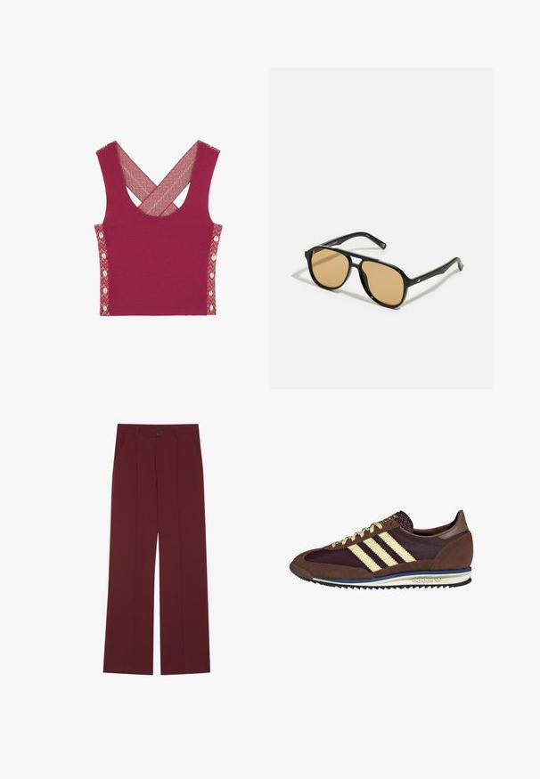 Brun læderjakke med krave, lynlås lukning og to sidelommer. Glat tekstur med en let slidt finish.; Bordeaux crop top med krydsrygdesign, udstyret med teksturerede sidelænder med knapdetaljer og farverige vævede accenter.; Bordeauxbukser med bred ben-design, der har en knaplukning, to sidelommer og plissee detaljer foran. Glat stofstruktur.; Brune og bordeaux sneakers lavet af ruskind og mesh-materialer, med tre cremefarvede striber, tekstureret stof på tungen, og en gummisål.; Sorte solbriller med brune tonede linser; rektangulær form med en tyk ramme, herunder diskrete hardwaredetaljer på stængerne.