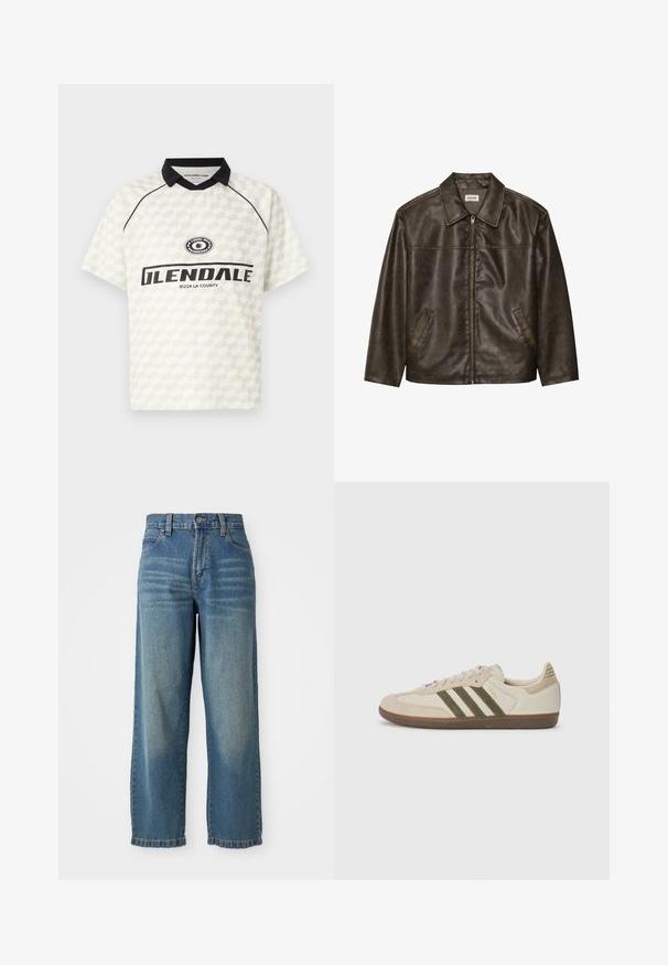 Chaqueta de cuero marrón con cuello, cierre de cremallera y dos bolsillos laterales. Textura suave con un acabado ligeramente desgastado.; Polo de manga corta en blanco con un patrón de cuadros. Cuello negro, acentuado con un logo y el texto "GLENDALE 91224 LA COUNTY".; Jeans de mezclilla ancha de color azul claro con una cintura alta, cinco bolsillos y un acabado ligeramente desgastado. Cuenta con un cierre de botón y cremallera.; adidas Originals SAMBA OG UNISEX - Zapatillas - alumina/medium dark khaki/gum