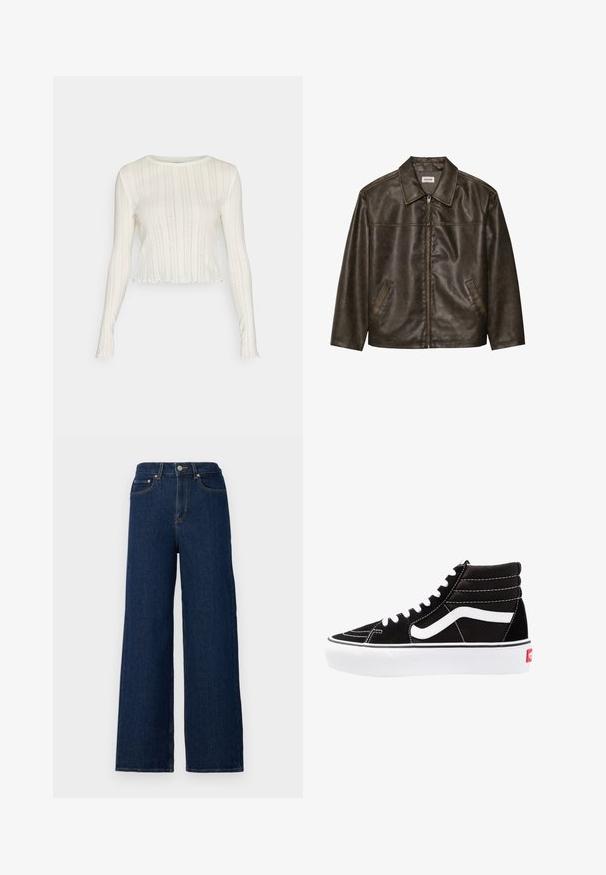 Brun lærjakke med krage, glidelås og to sidelommer. Slippende tekstur med en litt slitt finish.; Hvit langermet crop top med et teksturert strikkemønster, med ribbestrikkede detaljer og bølgekant. Lett og tettsittende design.; Vide benbukser laget av mørk denim, med høy midje, klassisk femlomme-design og kontrasterende sømmer langs sømmene.; Svarte høyhælte joggesko med hvite snøringer, en hvit logo og kontrasterende hvit søm. Har en tykk hvit såle og teksturert semsket skinn på overflaten.