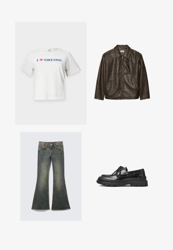 Brown leather jacket with a collar, zip closure, and two side pockets. Smooth texture with a slightly distressed finish.; BDG Urban Outfitters CRYING BABY - Print T-shirt - white; Flared denim jeans in a faded blue color with a classic five-pocket design, featuring a slight texture and visible stitching accents.; Black leather boat shoes with a rounded toe, lace-up design, stitched accents, and a chunky rubber sole featuring a textured grip pattern.