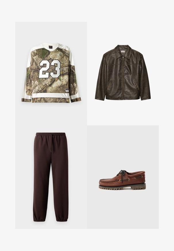 Brown leather jacket with a collar, zip closure, and two side pockets. Smooth texture with a slightly distressed finish.; Long-sleeve sports jersey with camouflage pattern, white trim, large number 23 in white, and Jordan brand logos on chest and hem.; Brown jogger pants with a drawstring waist, elastic cuffs, and smooth cotton material. Features a relaxed fit and minimal design.; Brown leather boat shoe with textured upper, black lace-up closure, and gold eyelets. Features a durable, ridged rubber sole.