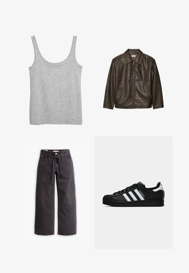 Ruda odinė striukė su apykakle, užtrauktuku ir dviem šoninėmis kišenėmis. Lygus paviršius su šiek tiek nusidėvėjusiu apdaila.; Pilkas tankų marškinėlis, pagamintas iš švelnaus medvilninio audinio, su plačiomis pečių juostomis ir apvaliu iškirpimu. Lygus paviršius be matomų raštų.; Juodos plačios kojos džinsai, pagaminti iš džinsinio audinio, su virvute liemens vietoje, penkiais kišenėmis ir kontrastingais siūlų akcentais. Lygus priekis.; Juodos „Adidas Superstar“ sportbačiai su baltais dryžiais, šonine kriaukle ir „Superstar“ tekstu šone, rodomi šoniniame profilyje ant balto fono.