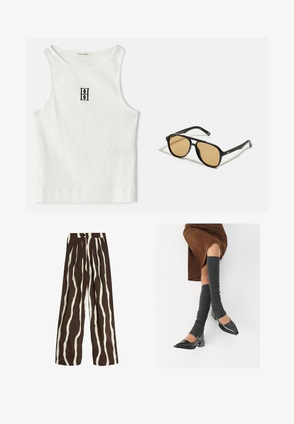 Giacca in pelle marrone con colletto, chiusura a zip e due tasche laterali. Texture liscia con una finitura leggermente invecchiata.; Canotta bianca a costine con un logo ricamato nero centrato sul petto. Il colletto e le aperture delle braccia sono rifiniti con un sottile bordino.; Pantaloni a vita alta con gamba larga, caratterizzati da strisce verticali ondulate bianche e marroni scure, con bottone frontale, zip e tasche laterali.; Scarpe nere in pelle verniciata con punta affilata, tacco a blocco e cinturino alla caviglia, abbinate a scaldamuscoli grigi a coste e una gonna in suede marrone.; Occhiali da sole neri con lenti a sfumatura marrone; forma rettangolare con una montatura spessa, inclusi sottili dettagli metallici sulle astine.; Borsa a mano in pelle marrone con due manici robusti, forma rettangolare, texture liscia e chiusura con zip. Design minimalista senza motivi visibili.