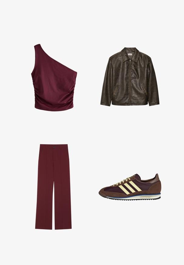 Brązowa skórzana kurtka z kołnierzem, zapinana na zamek, z dwiema bocznymi kieszeniami. Gładka tekstura z lekko postarzanym wykończeniem.; Burgundowa bluzka na jedno ramię z marszczonym detalem po boku. Wykonana z gładkiej tkaniny, o dopasowanym kształcie i minimalistycznym designie.; Bordowe spodnie z szerokimi nogawkami, z zapięciem na guzik, dwoma bocznymi kieszeniami oraz marszczeniem z przodu. Gładka tekstura materiału.; Brązowe i burgundowe sneakersy wykonane z zamszu i siateczkowych materiałów, z trzema kremowymi paskami, teksturowanym materiałem na języku i gumową podeszwą.