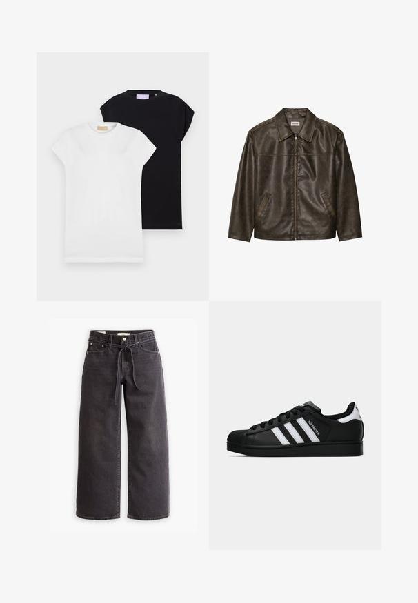 Brūna ādas jakas ar apkakli, ar rāvējslēdzēja aizdari un divām sānu kabatām. Gluda tekstūra ar viegli nodilušu finišu.; Divi īsām piedurknēm T-krekli, viens balts un viens melns, abi izgatavoti no mīkstas kokvilnas auduma, ar apaļu kakla izgriezumu un brīvu piegriezumu.; Melni platajā grieztie džinsi, izgatavoti no denima, ar jostu ar auklu, piecām kabatām un kontrastējošām šuvēm. Dzegužu priekšpuse.; Melnas Adidas Superstar kedas ar baltām svītrām, čaulas purngalu un uzrakstu "Superstar" sānos, parādītas sānskatā uz baltā fona.