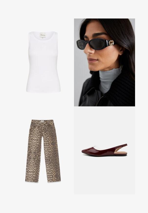 Bruine leren jas met een kraag, ritssluiting en twee zijzakken. Soepele textuur met een licht verouderde afwerking.; Witte tanktop gemaakt van een gladde, rekbare stof. Heeft een ronde halslijn en een klein, geborduurd logo aan de voorkant. Strak model.; Denim jeans met luipaardprint, gekenmerkt door een neutraal beige en bruin kleurpalet, rechte pijpen en traditionele zakdetails.; Bordeaux gepatenteerde slingback ballerina's met een puntige neus, transparante uitsnijding en een vlakke zwarte zool. Glad textuur, minimalistisch ontwerp.; Zwarte zonnebril met een stijlvolle rechthoekige montuur en een gouden logo-accent aan de zijkant. Donkere lenzen en een glanzende afwerking zijn opvallend.; Witte leren schoudertas met een gouden sluiting, met een gestructureerd ontwerp, contrasterende randen en een dunne verstelbare schouderband.